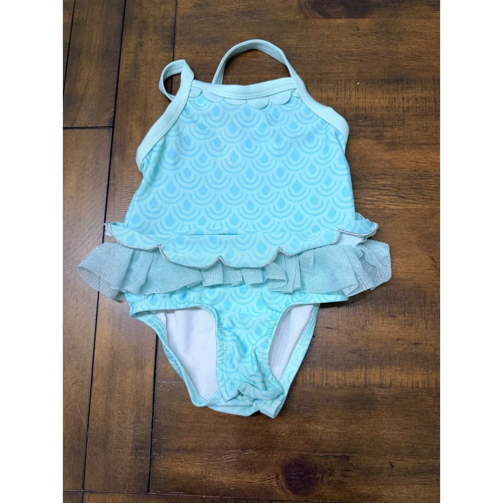 Cat & Jack Baby Girls Aqua Mermaid Scale Ruffle One Piece Swimsuit 18M